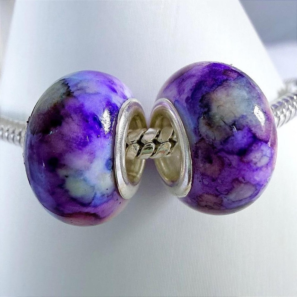 2Pc Purple Silver Marble Bead Charm Fits Snake Chain Bracelet